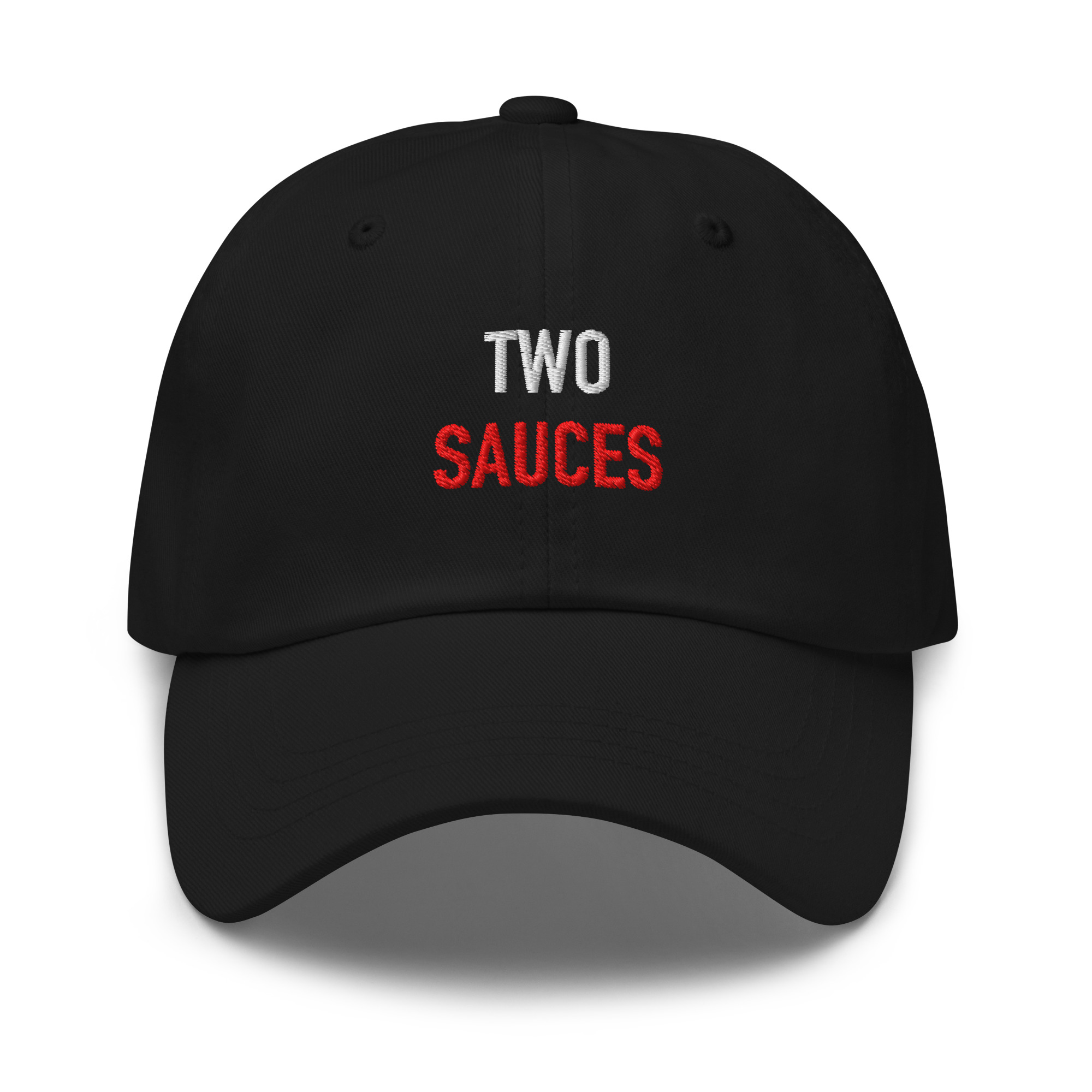 Black embroidered dad hat reading “TWO SAUCES.” in white and red.