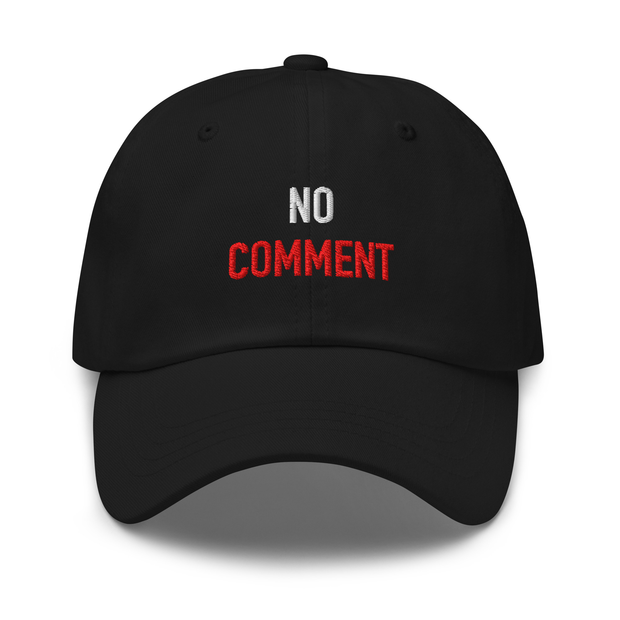 Black embroidered dad hat reading “NO COMMENT.” in white and red.