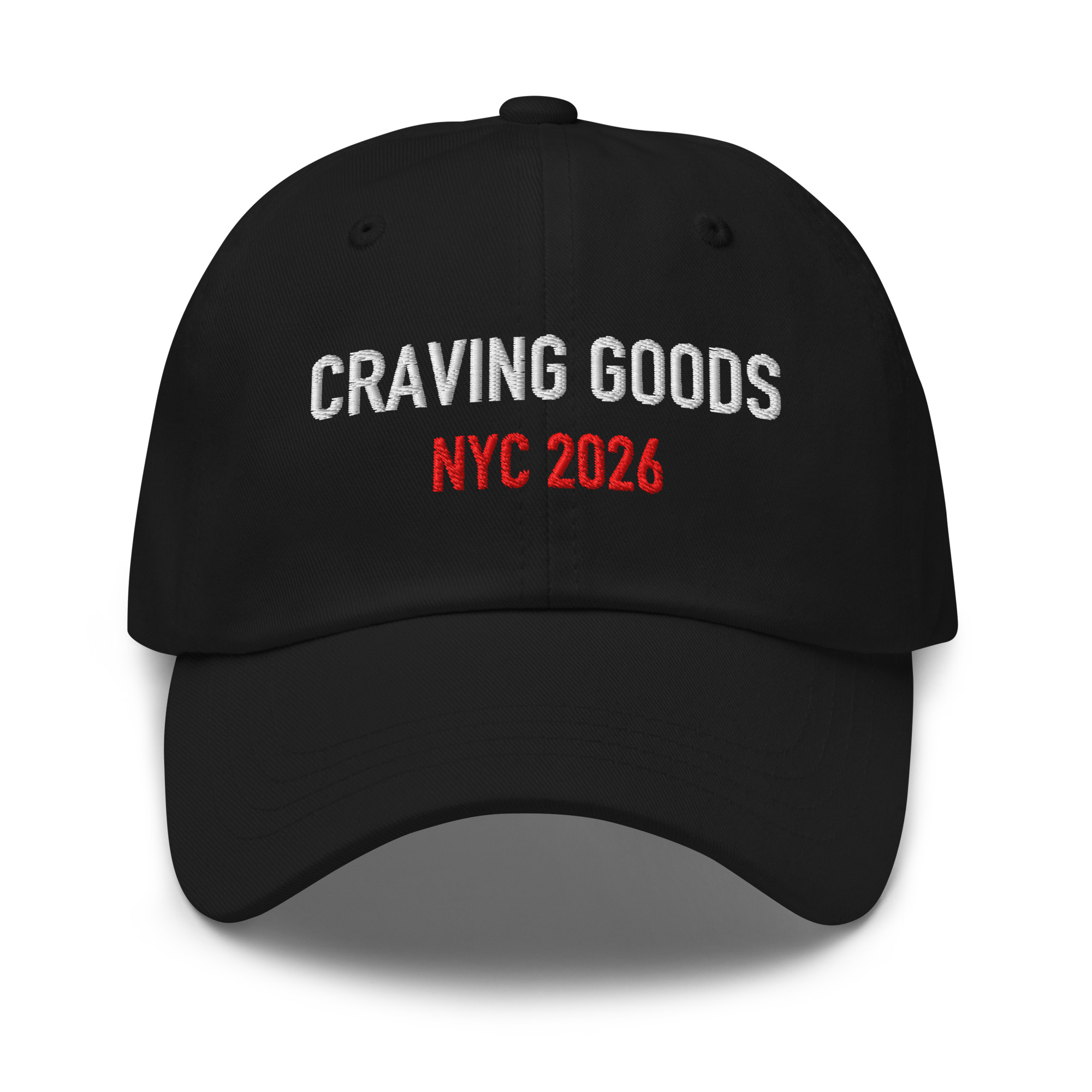 Black embroidered dad hat reading “CRAVING GOODS.” in white and red.