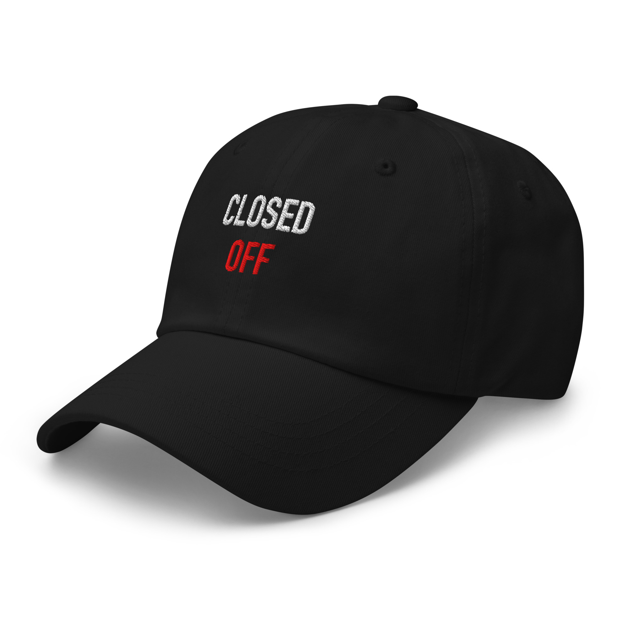 Left-front view of black embroidered dad hat for the “CLOSED OFF.” design.