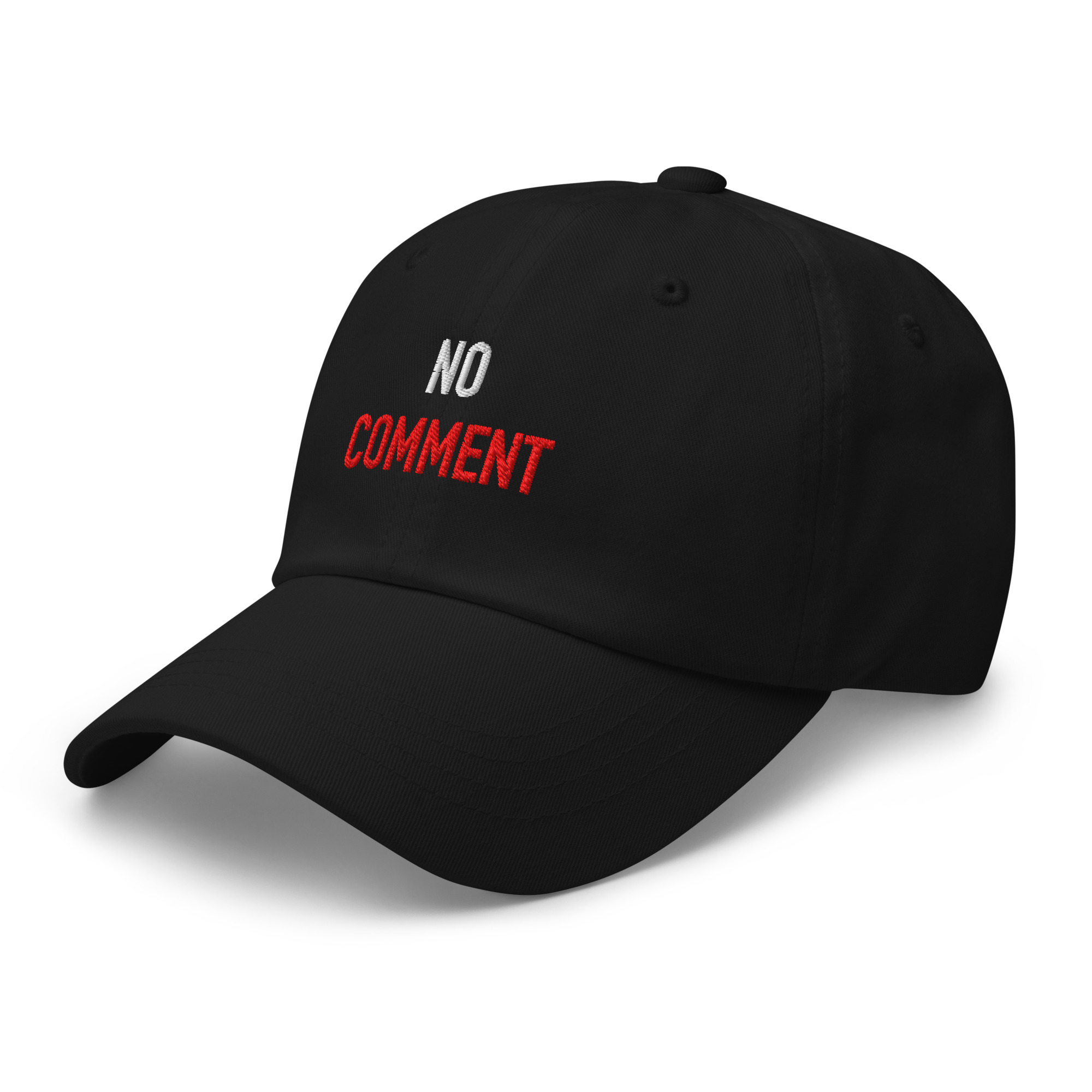 Left-front view of black embroidered dad hat for the “NO COMMENT.” design.