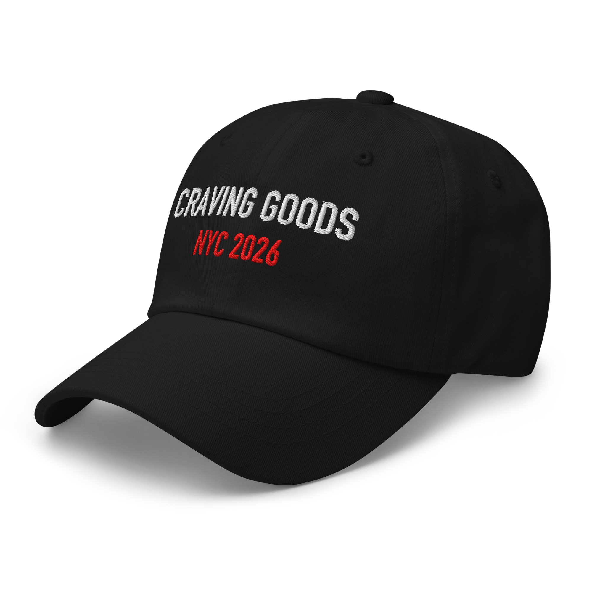 Left-front view of black embroidered dad hat for the “CRAVING GOODS.” design.