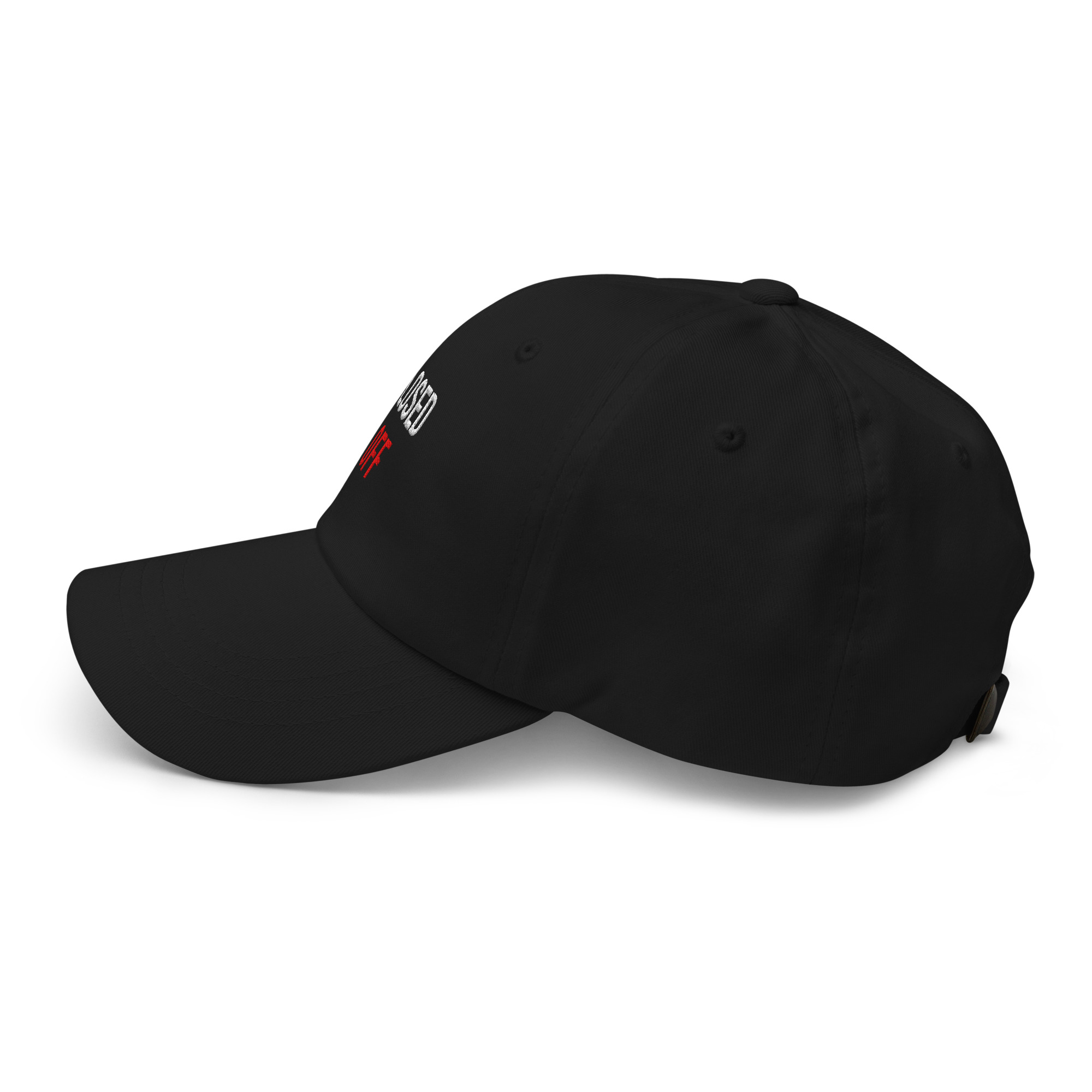 Left-side view of black embroidered dad hat for the “CLOSED OFF.” design.