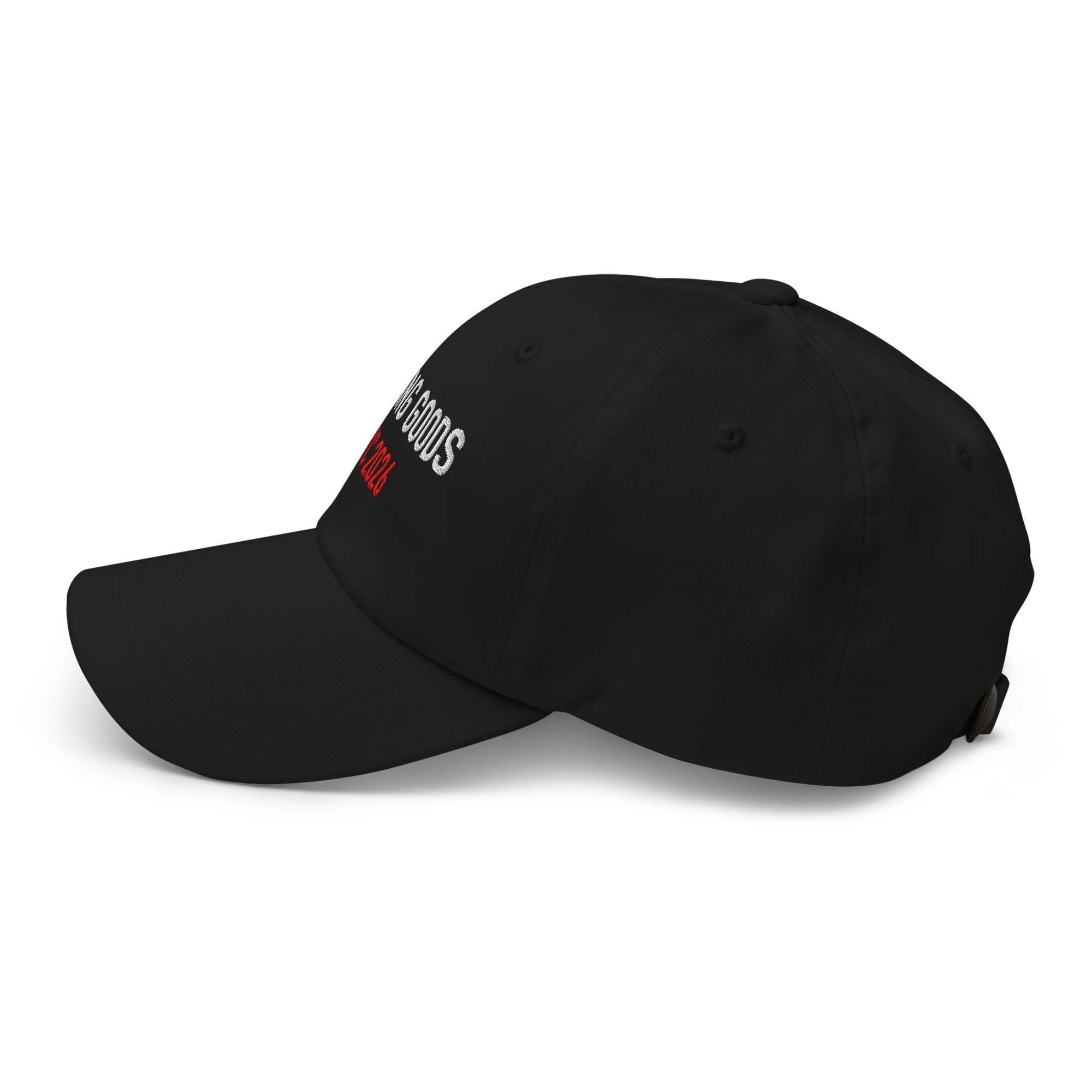 Left-side view of black embroidered dad hat for the “CRAVING GOODS.” design.