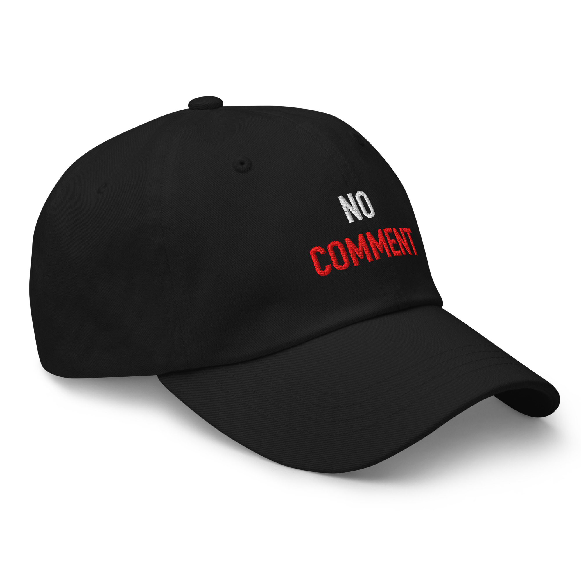 Right-front view of black embroidered dad hat for the “NO COMMENT.” design.