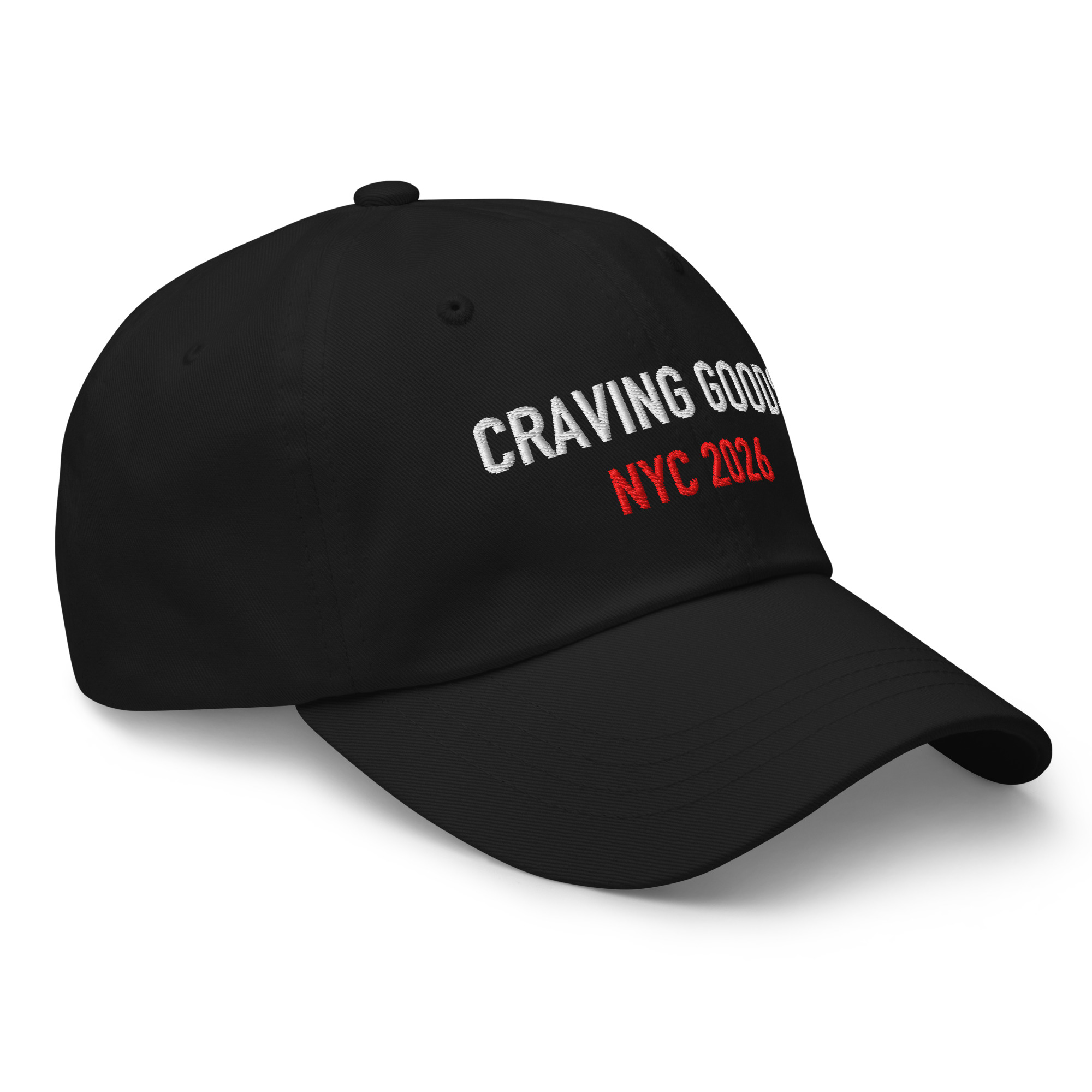 Right-front view of black embroidered dad hat for the “CRAVING GOODS.” design.