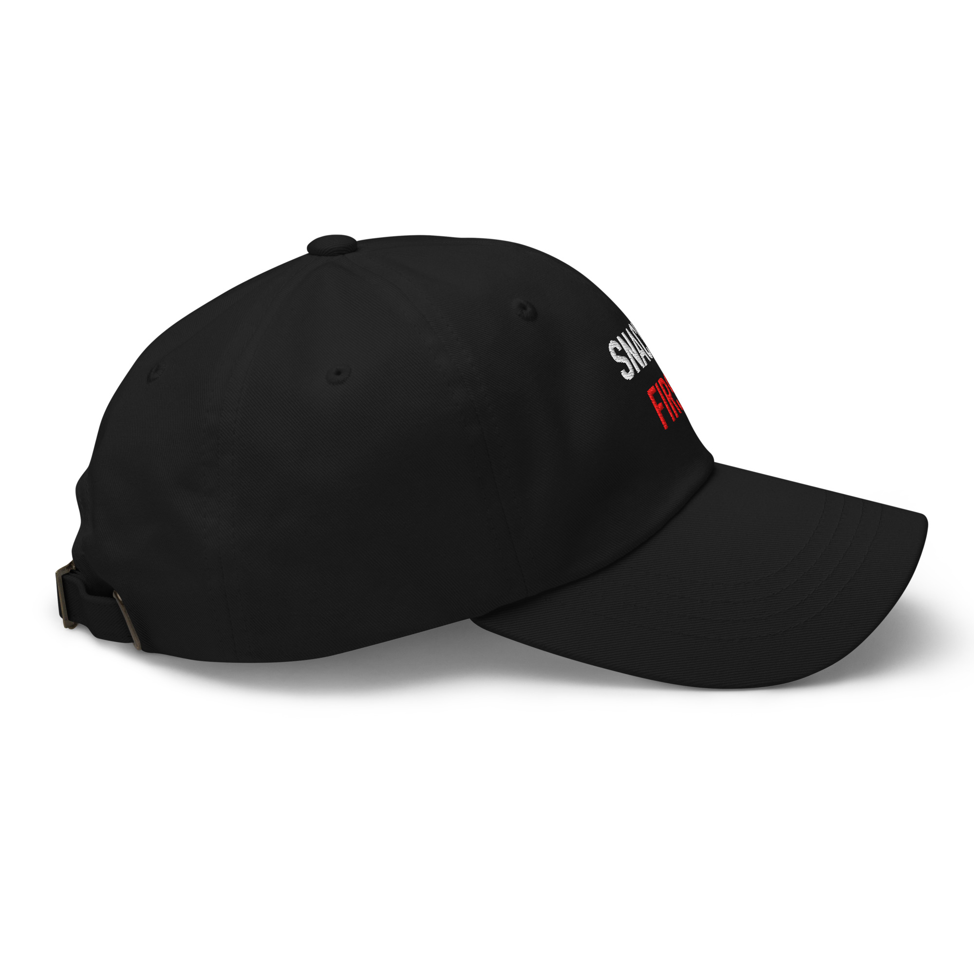 Right-side view of black embroidered dad hat for the “SNACKS FIRST.” design.