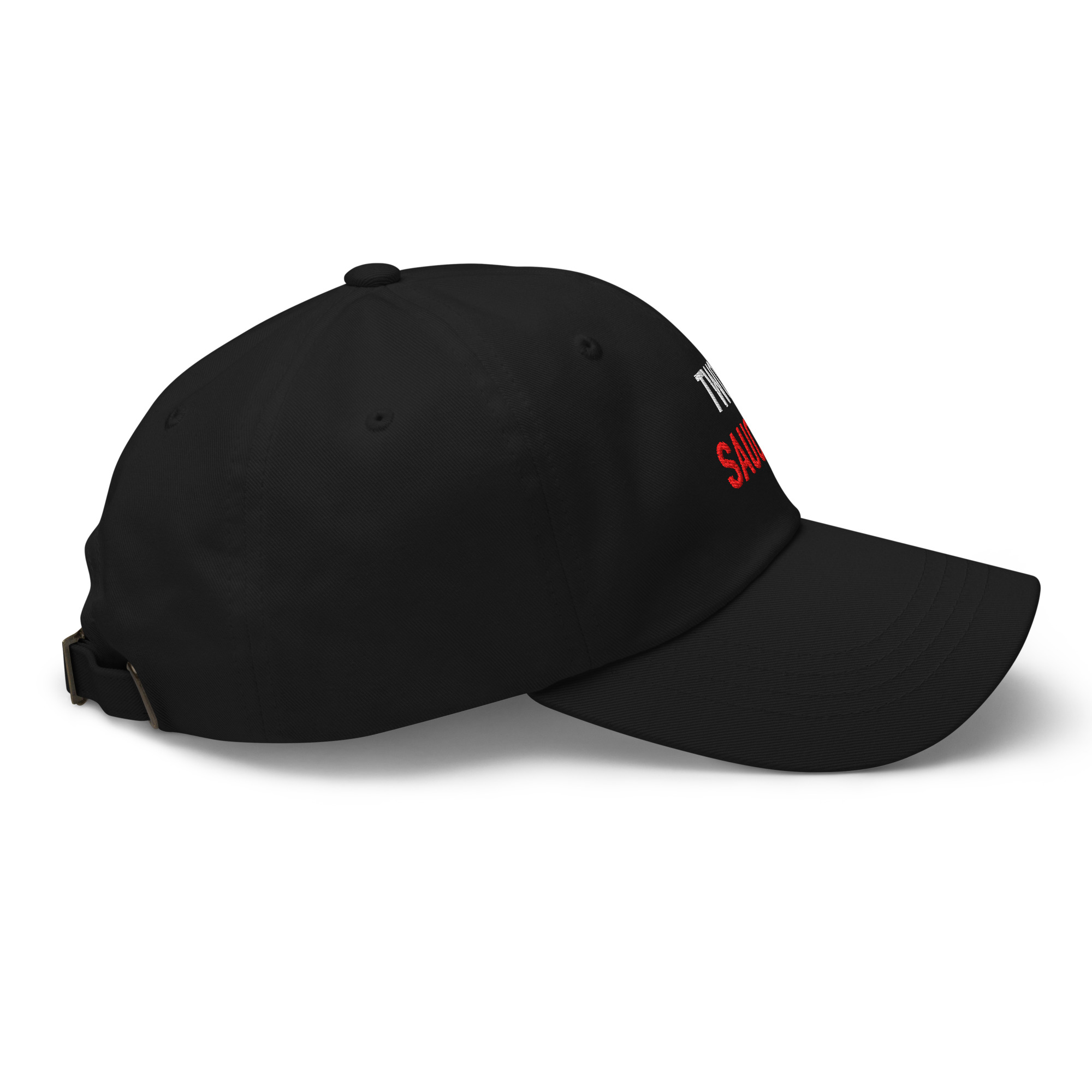 Right-side view of black embroidered dad hat for the “TWO SAUCES.” design.