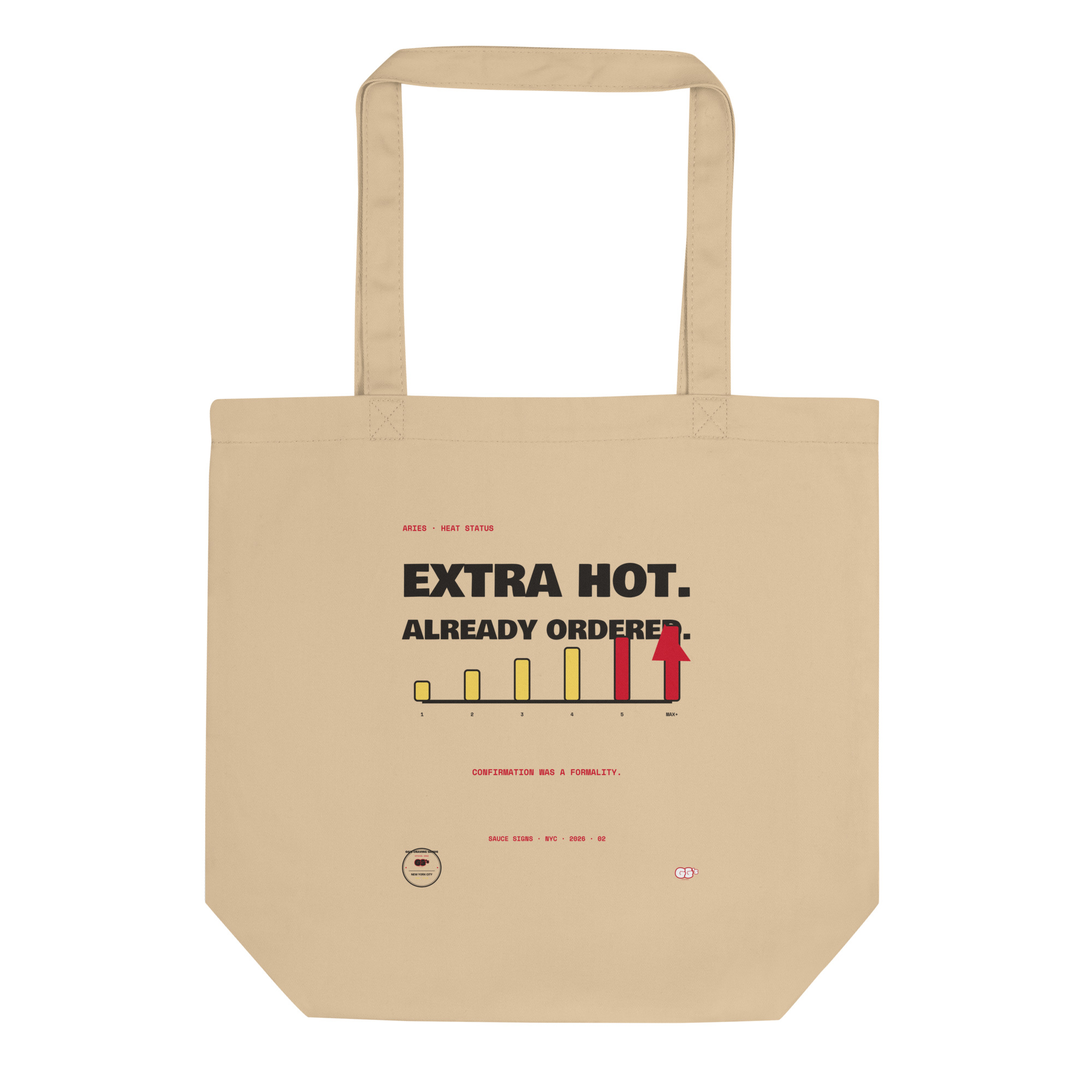 Front product mockup of the Aries Extra Hot organic cotton tote.