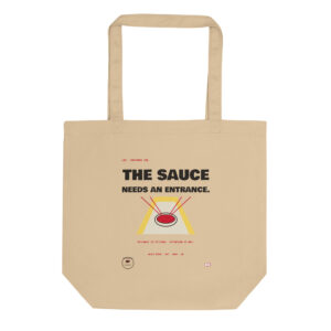 Front product mockup of the Leo Sauce Entrance organic cotton tote.