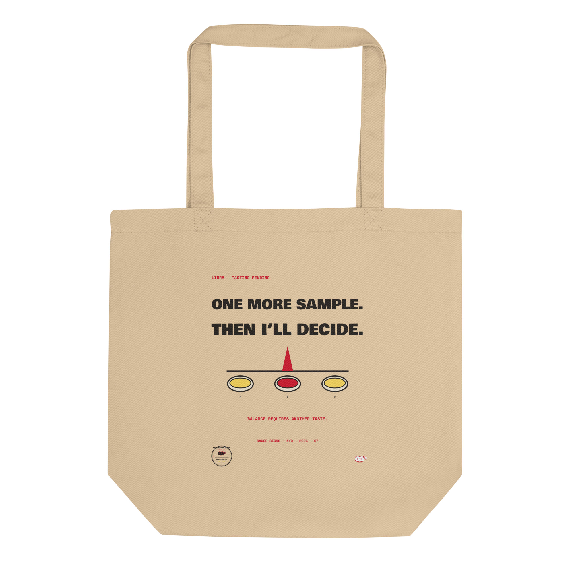 Front product mockup of the Libra One More Sample organic cotton tote.