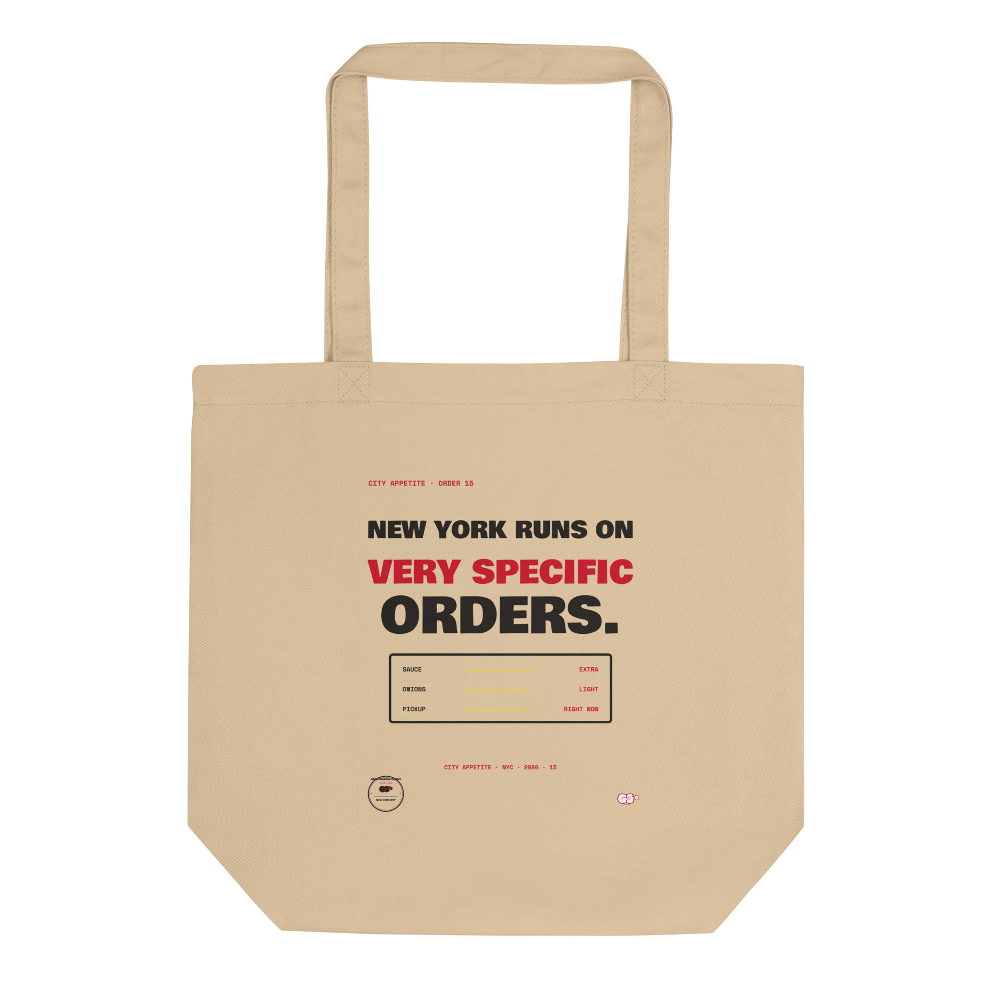 Front product mockup of the New York Has Specific Orders organic tote.