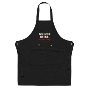 Front product mockup of the No Dry Bites organic cotton apron.