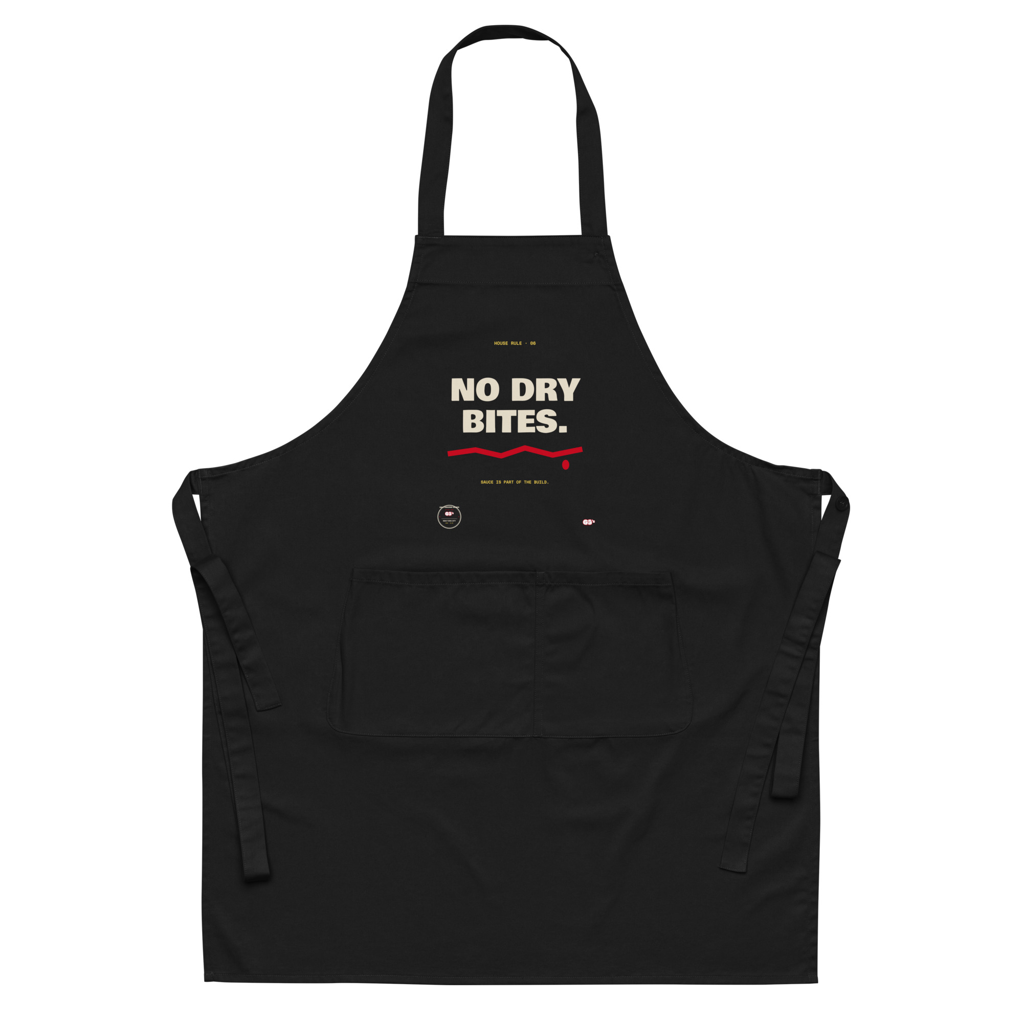 Front product mockup of the No Dry Bites organic cotton apron.