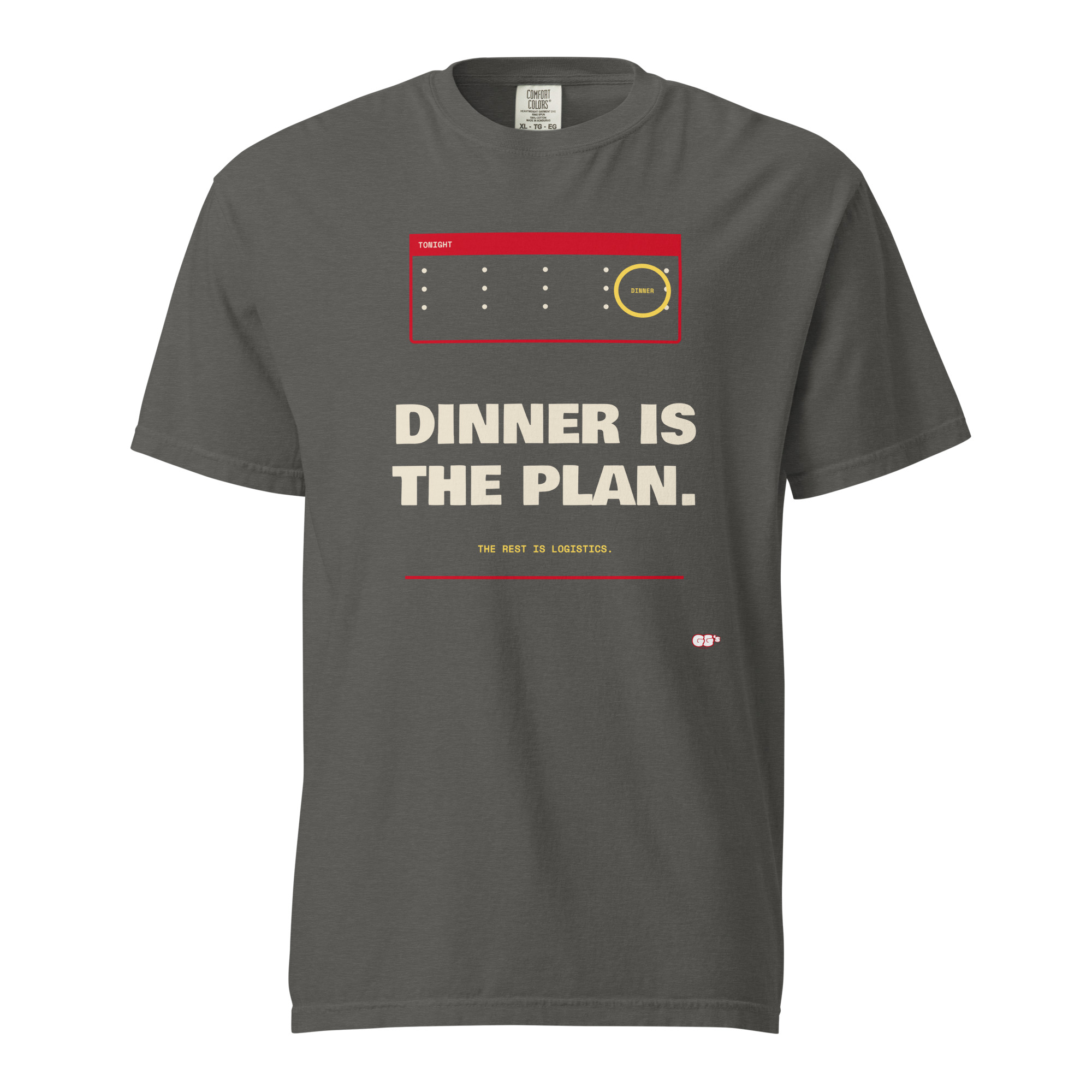 Front product mockup of the Dinner Is the Plan heavyweight tee.