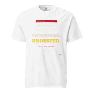 Front product mockup of the Overdressed. Underfed. heavyweight tee.